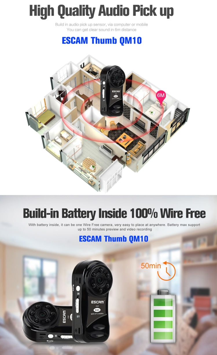 ESCAM Thumb QM10 HD 720P Digital Video Recorder Camcorder WiFi Thumb Mini DV, Support Motion Detection / Night Vision