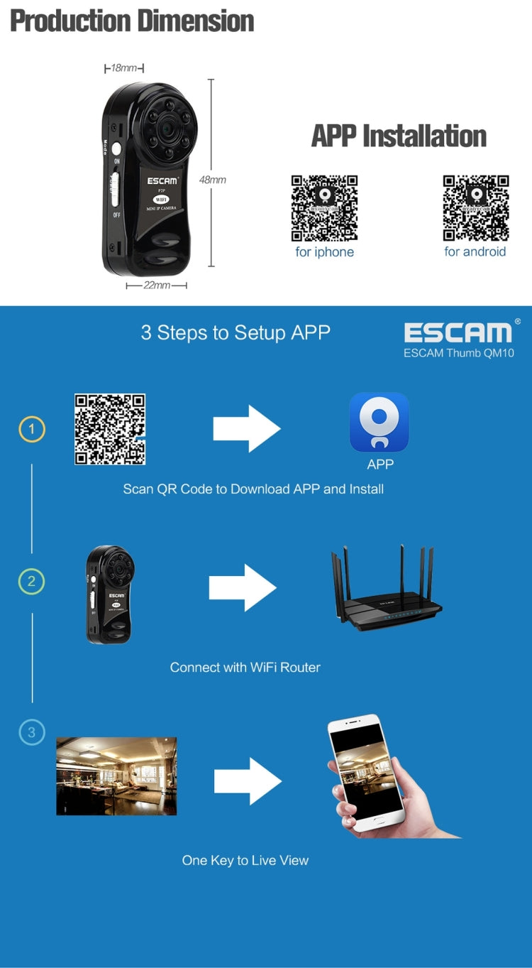 ESCAM Thumb QM10 HD 720P Digital Video Recorder Camcorder WiFi Thumb Mini DV, Support Motion Detection / Night Vision