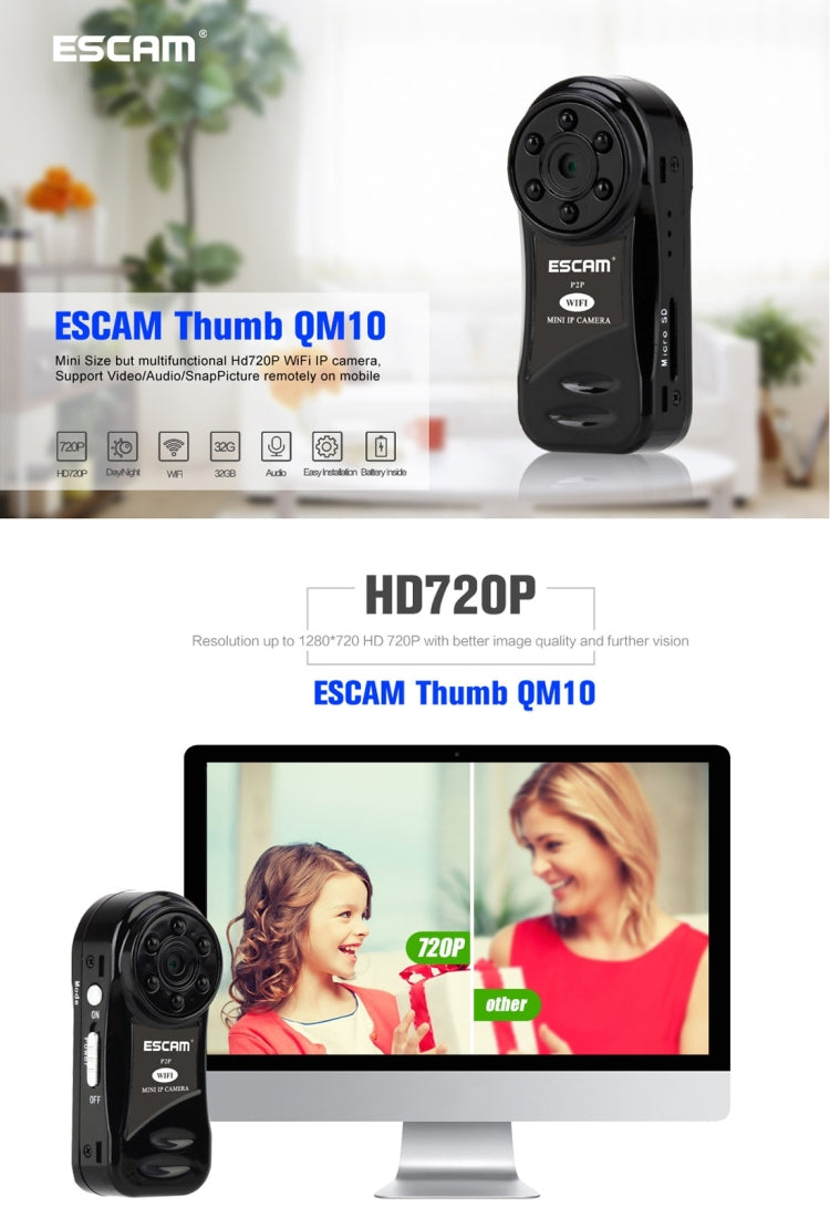 ESCAM Thumb QM10 HD 720P Digital Video Recorder Camcorder WiFi Thumb Mini DV, Support Motion Detection / Night Vision