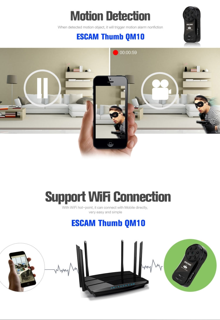 ESCAM Thumb QM10 HD 720P Digital Video Recorder Camcorder WiFi Thumb Mini DV, Support Motion Detection / Night Vision