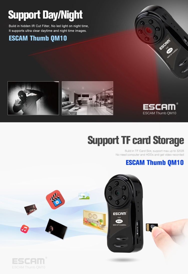 ESCAM Thumb QM10 HD 720P Digital Video Recorder Camcorder WiFi Thumb Mini DV, Support Motion Detection / Night Vision