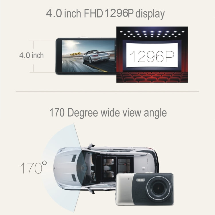 CAR LOVER A9 1296P 4.0 inch Screen Display Vehicle DVR, MStar Program, 170 Degree Wide Angle Viewing, Support  Loop Recording / G-Sensor / Motion Detection