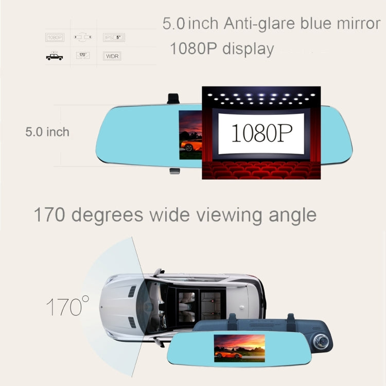 CAR LOVER R18 HD 1080P 5.0 inch Anti-glare Blue Mirror Rearview Mirror Vehicle DVR, Novatek NT96655+0210 Program, 170 Degree Wide Angle Viewing, Support  Loop Recording / Motion Detection / G-Sensor