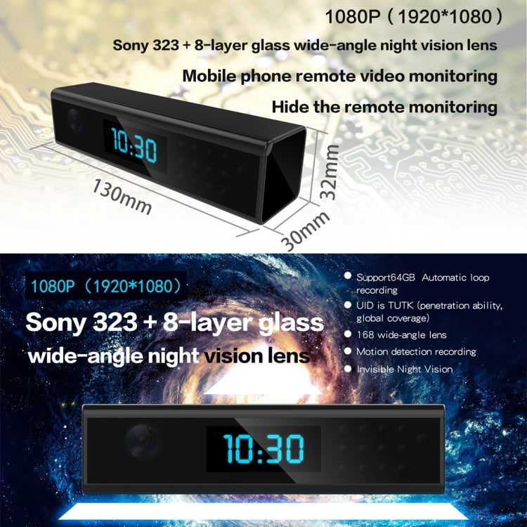 C1080  FHD 1080P Clock Style Super Mini  WiFi Camera, Night Vision / Motion Detection / Time Display, Support Android iOS Phone Live Remote Monitoring / Video Recording for Home Security(Black)