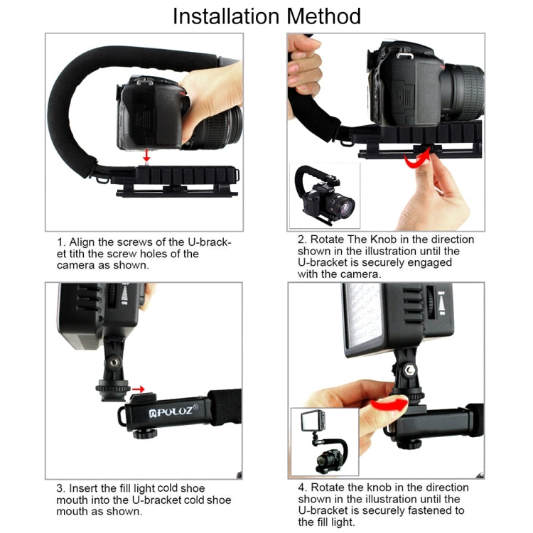 [US Warehouse] PULUZ U/C Shape Portable Handheld DV Bracket Stabilizer + LED Studio Light Kit with Cold Shoe Tripod Head  for All SLR Cameras and Home DV Camera