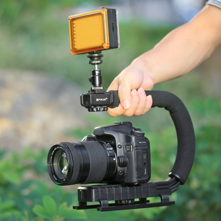 [US Warehouse] PULUZ U/C Shape Portable Handheld DV Bracket Stabilizer + LED Studio Light Kit with Cold Shoe Tripod Head  for All SLR Cameras and Home DV Camera