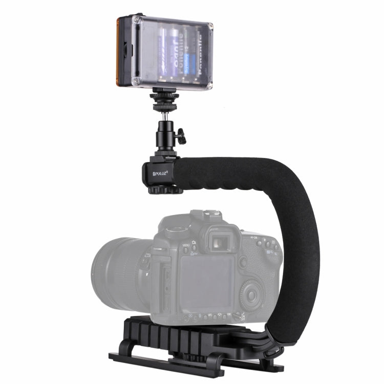 [US Warehouse] PULUZ U/C Shape Portable Handheld DV Bracket Stabilizer + LED Studio Light Kit with Cold Shoe Tripod Head  for All SLR Cameras and Home DV Camera