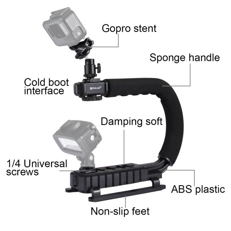 [US Warehouse] PULUZ U/C Shape Portable Handheld DV Bracket Stabilizer + LED Studio Light Kit with Cold Shoe Tripod Head  for All SLR Cameras and Home DV Camera