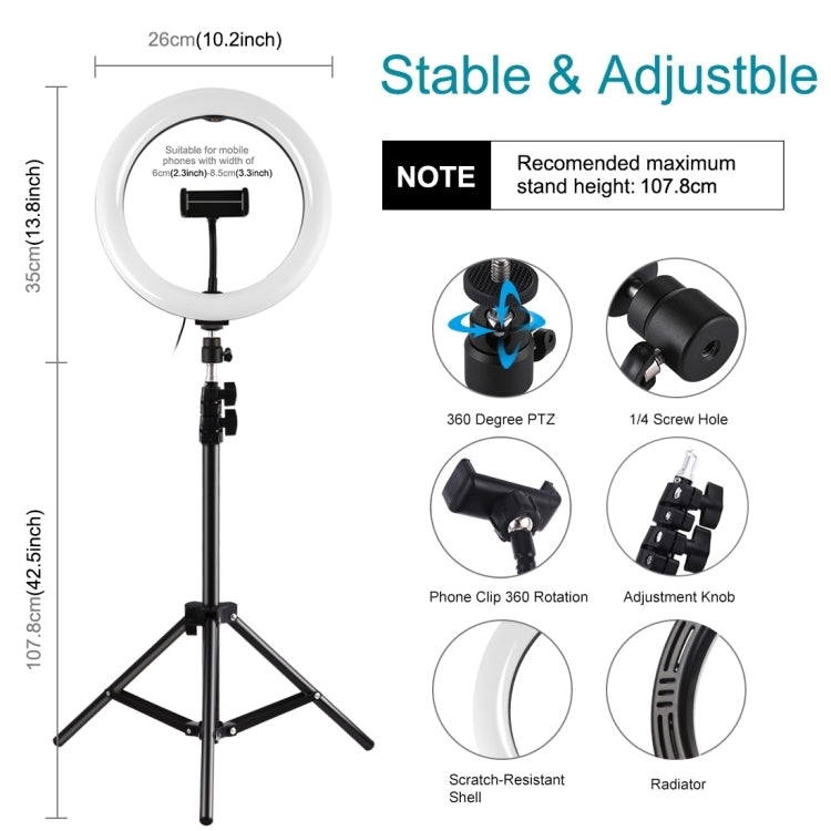 [RUS Warehouse] PULUZ 10.2 inch 26cm LED Ring Light  + 1.1m Tripod Mount Selfie Beauty Vlogging Video Light  Live Broadcast Kits