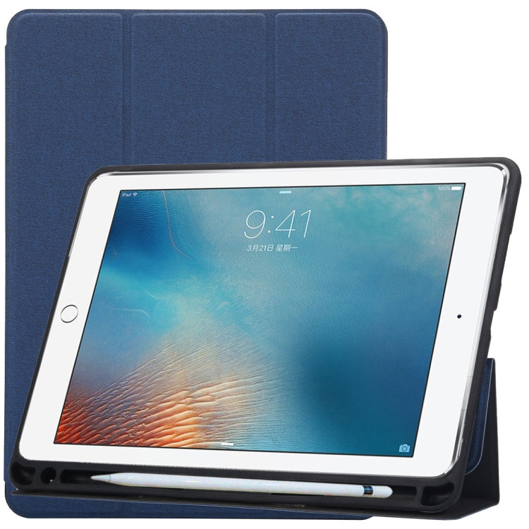 Cloth Texture Pattern Case for iPad 9.7 (2018) & iPad 9.7 inch (2017), with Three-folding Holder & Pen Slots