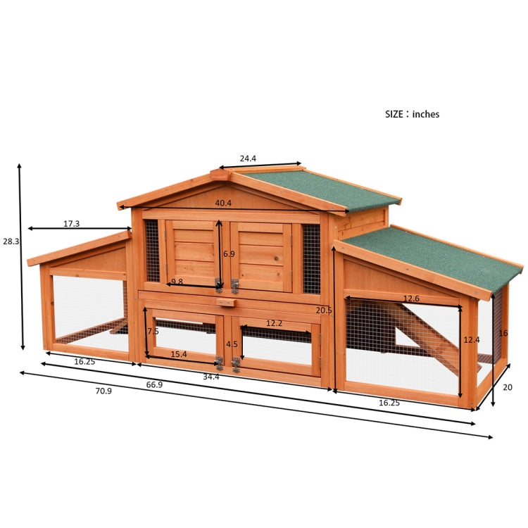 [US Warehouse] 70 inch Wooden Rabbit Hutch Outdoor Pet House Cage for Small Animals with 2 Run Play Area