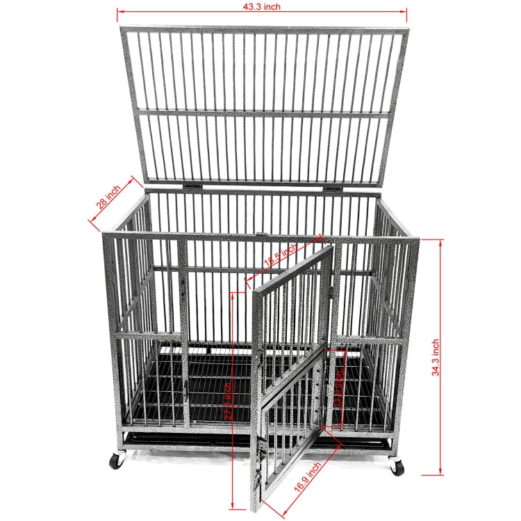 [US Warehouse] 43 inch Heavy Duty Dog Cage Crate with Two Prevent Escape Lock, Lockable Wheels, Removable Tray for Indoor Outdoor