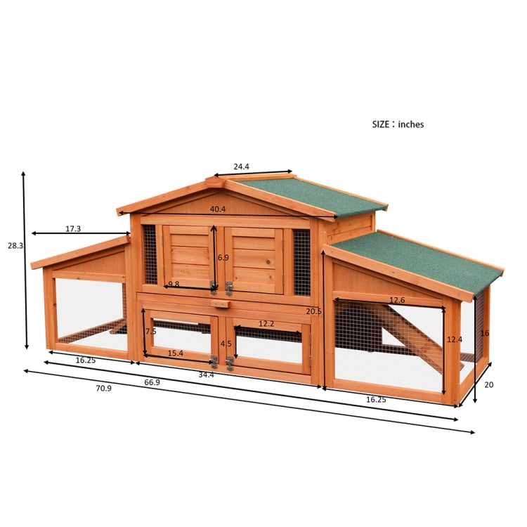 [UK Warehouse] Outdoor Wooden Pet House Cage Chicken Coop Rabbit Hutch with 2 Run Play Area, Size: 70.9 x 28.3 x 20 inch