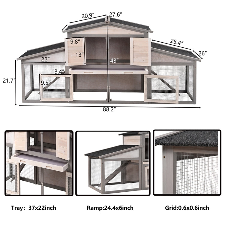 [US Warehouse] Outdoor Wooden Pet House Cage Chicken Coop Rabbit Hutch with Tray and 2 Ramps, Size: 88.2 x 43 x 27.6 inch