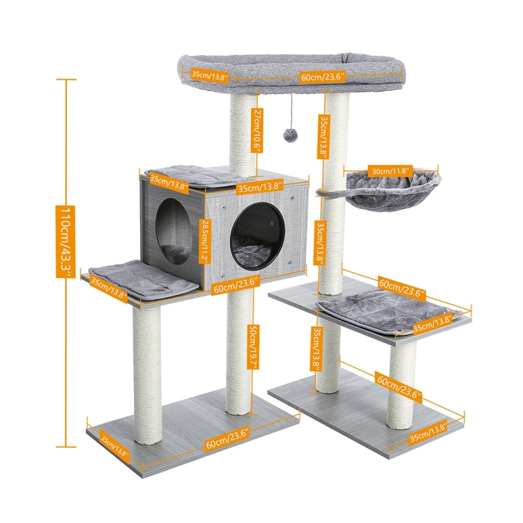 [US Warehouse] 43.3 inch 5 Levels Cat Tree Condo Pet Playhouse with Sisal Scratching Posts & Hammock & Extra-Large Perch