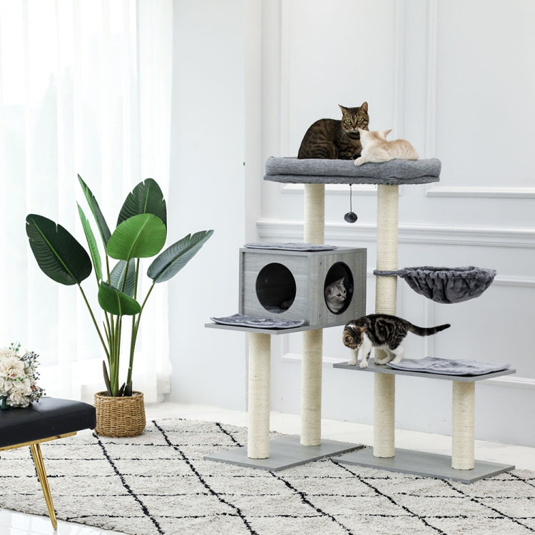 [US Warehouse] 43.3 inch 5 Levels Cat Tree Condo Pet Playhouse with Sisal Scratching Posts & Hammock & Extra-Large Perch