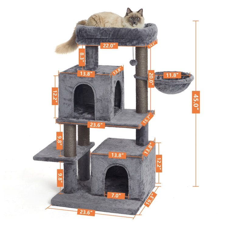 [US Warehouse] 45 inch Multi-level Cat Tree Condo Pet Playhouse for Large Cats, with Sisal-Covered Scratching Posts & Replaceable Dangling Ball & Hammock