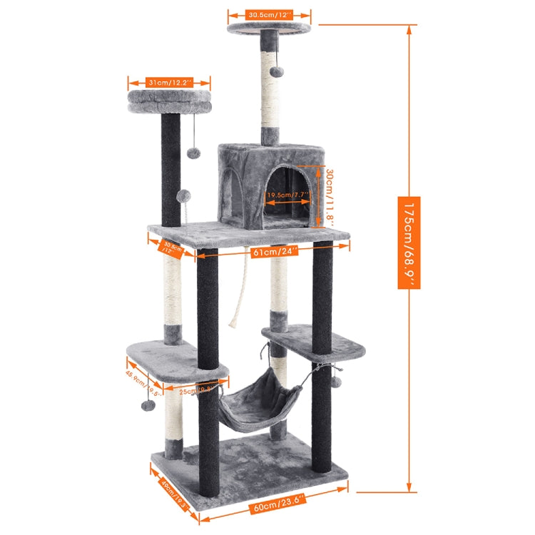 [US Warehouse] 68.9 inch Multi-level Cat Tree Condo Pet Playhouse with Scratching Posts & Replaceable Dangling Ball & Hammock