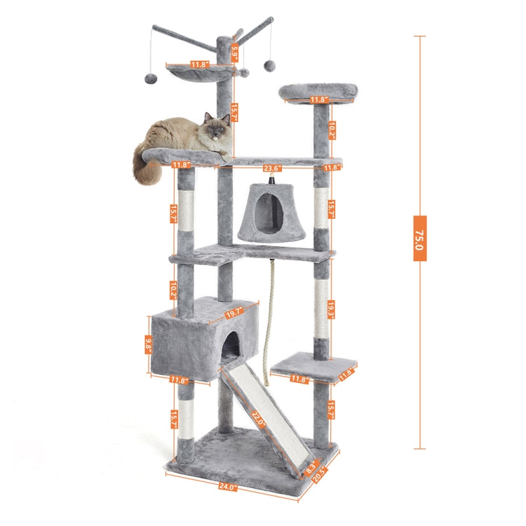 [US Warehouse] 75 inch Multi-level Cat Tree Condo Pet Playhouse with Hammock & Interactive Toys & Scratching Pad