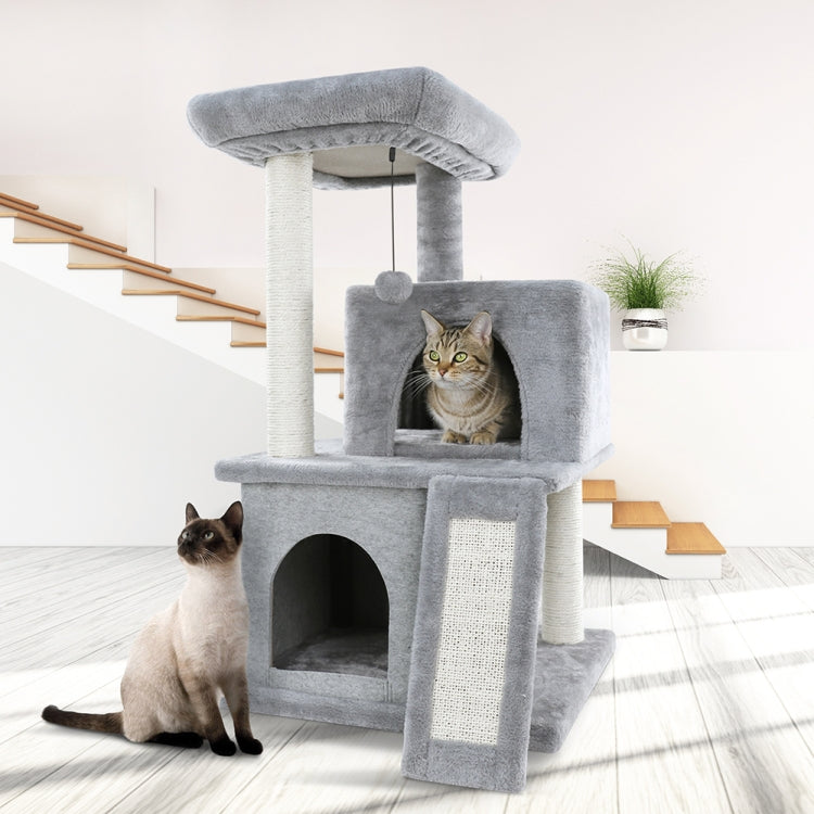 [US Warehouse] Three-layer Plush Cat Tree Apartment with Sisal Scratching Post & Scratching Board & Hanging Toys(Grey)