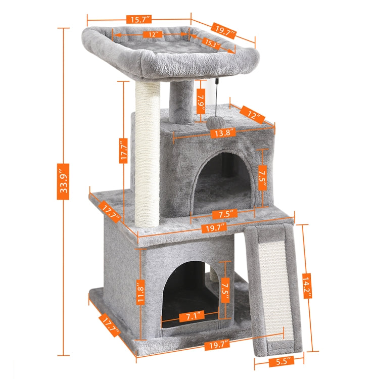 [US Warehouse] Three-layer Plush Cat Tree Apartment with Sisal Scratching Post & Scratching Board & Hanging Toys(Grey)