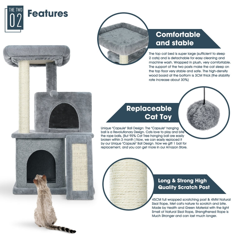 [US Warehouse] Three-layer Plush Cat Tree Apartment with Sisal Scratching Post & Scratching Board & Hanging Toys(Grey)