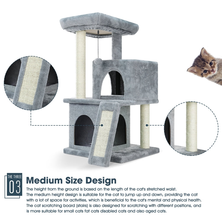 [US Warehouse] Three-layer Plush Cat Tree Apartment with Sisal Scratching Post & Scratching Board & Hanging Toys(Grey)