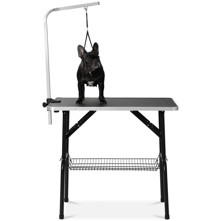 [US Warehouse] 32 inch Foldable Black Rubber Pet Grooming Table with Mesh Tray and Adjustable Arm