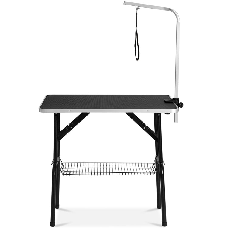[US Warehouse] 32 inch Foldable Black Rubber Pet Grooming Table with Mesh Tray and Adjustable Arm