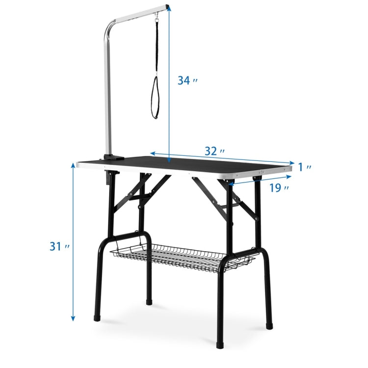 [US Warehouse] 32 inch Foldable Black Rubber Pet Grooming Table with Mesh Tray and Adjustable Arm