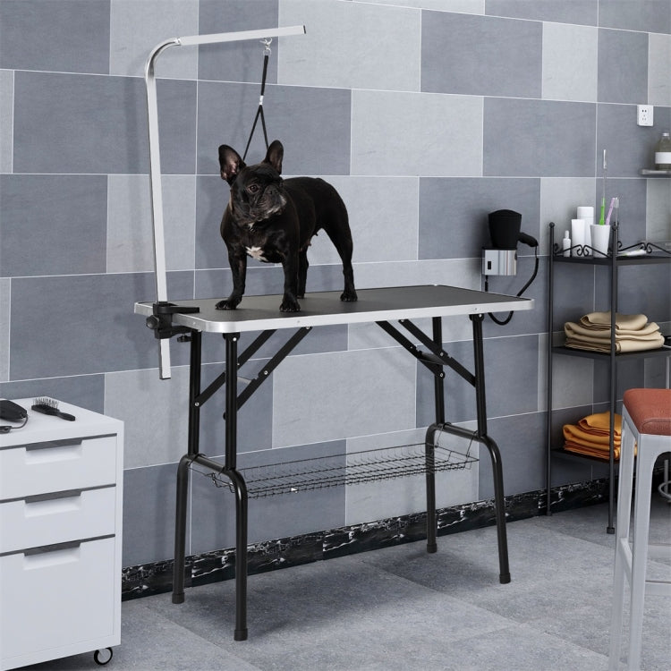[US Warehouse] 32 inch Foldable Black Rubber Pet Grooming Table with Mesh Tray and Adjustable Arm
