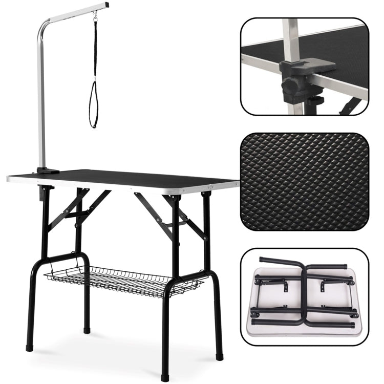 [US Warehouse] 36 inch Foldable Black Rubber Pet Grooming Table with Mesh Tray and Adjustable Arm