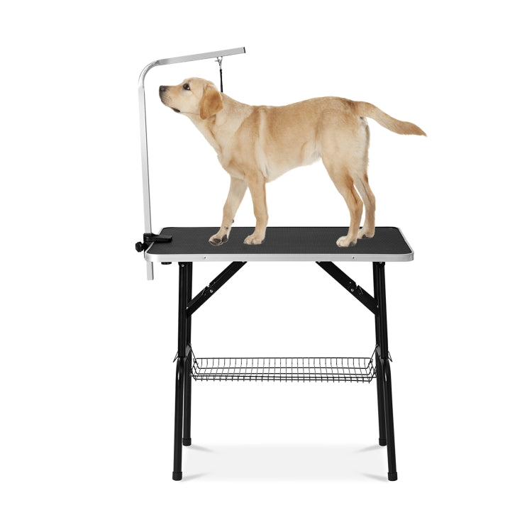 [US Warehouse] 46 inch Foldable Black Rubber Pet Grooming Table with Mesh Tray and Adjustable Arm