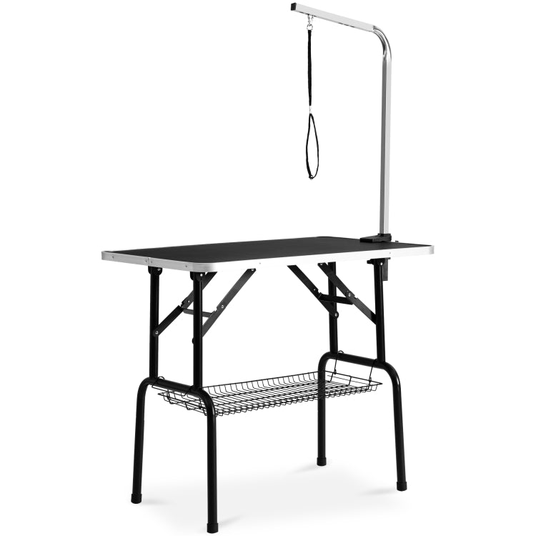 [US Warehouse] 46 inch Foldable Black Rubber Pet Grooming Table with Mesh Tray and Adjustable Arm