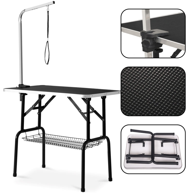 [US Warehouse] 46 inch Foldable Black Rubber Pet Grooming Table with Mesh Tray and Adjustable Arm