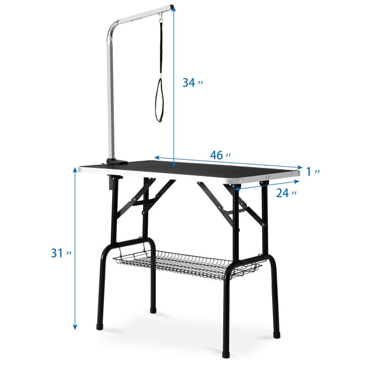 [US Warehouse] 46 inch Foldable Black Rubber Pet Grooming Table with Mesh Tray and Adjustable Arm