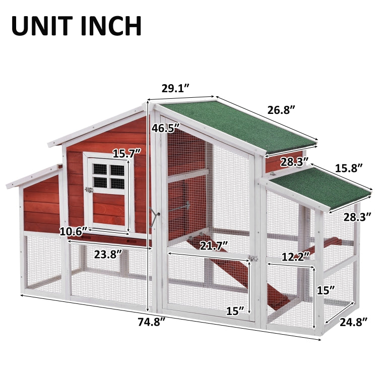 [US Warehouse] 74.8 inch Chicken Coop Rabbit House Wooden Small Animal Cage Bunny Hutch with Ramp and Tray