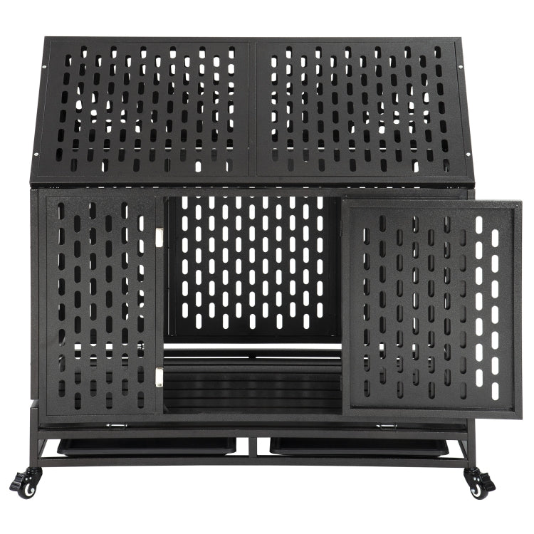 [US Warehouse] Heavy Duty Stainless Steel Pet Dog Crate Cage with Roof , Size: 112x114x75cm(Black)