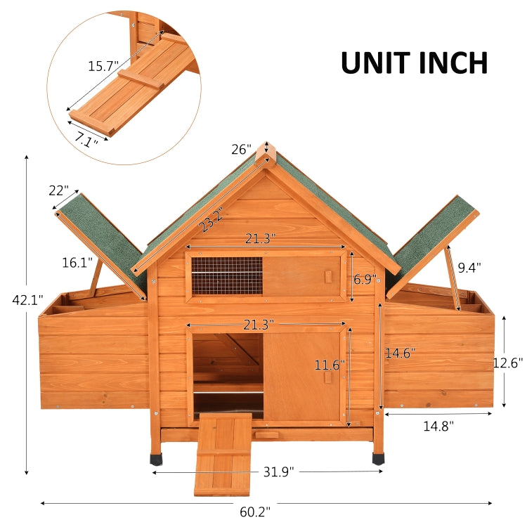 [US Warehouse] Wood Chicken Coop Small Animal Cage Bunny Hutch with Tray & Ramp, Size: 153x66x107cm