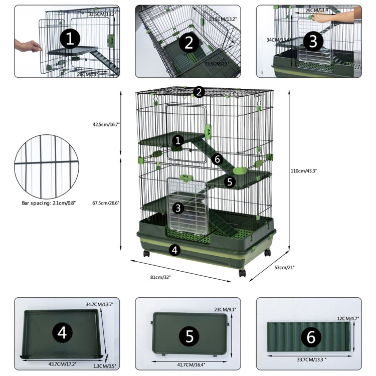 [US Warehouse] 4-Tier 32 inch Height Adjustable Small Animal Metal Cage with Lockable Casters(Green)