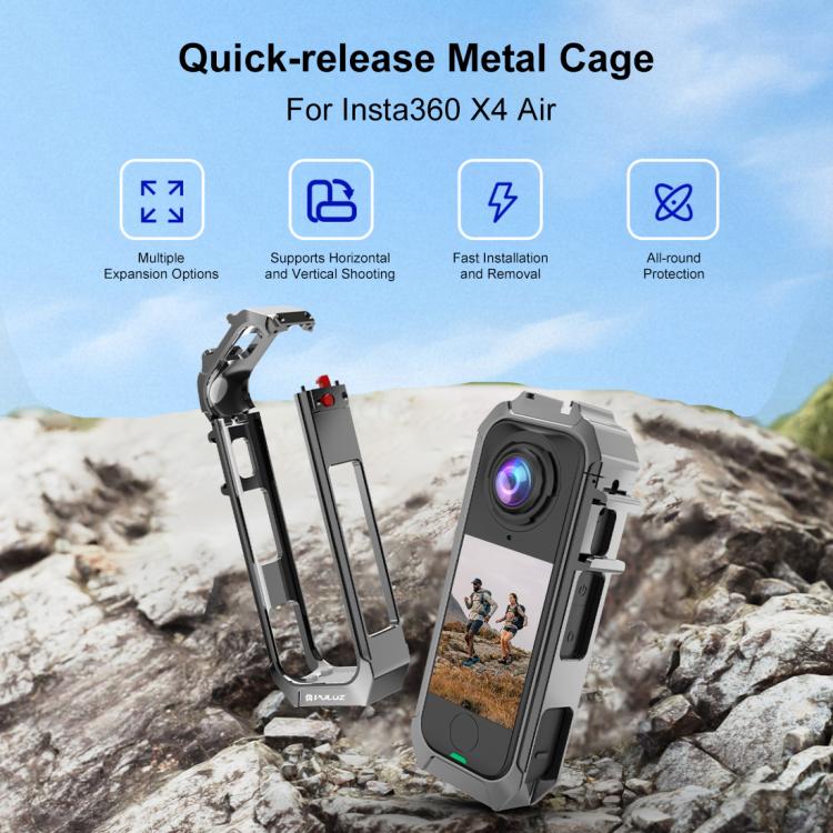 For Insta360 X4 Air PULUZ Metal Protective Cage Rig Housing Frame with Expand Cold Shoe Base  - Grey