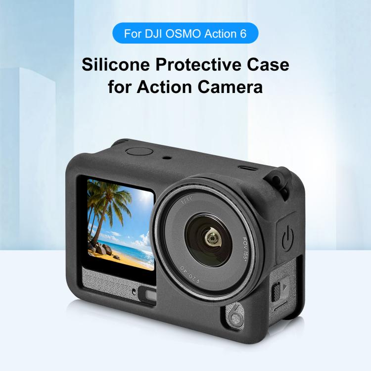 For DJI Osmo Action 6 PULUZ Silicone Protective Cover with Wrist Strap & Lens Cap  - Black