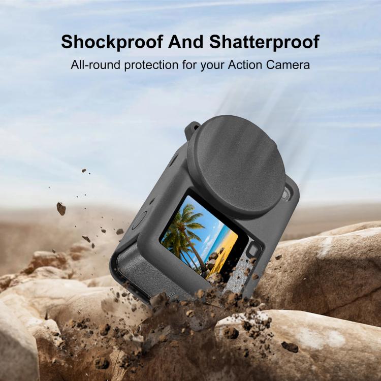 For DJI Osmo Action 6 PULUZ Silicone Protective Cover with Wrist Strap & Lens Cap  - Black