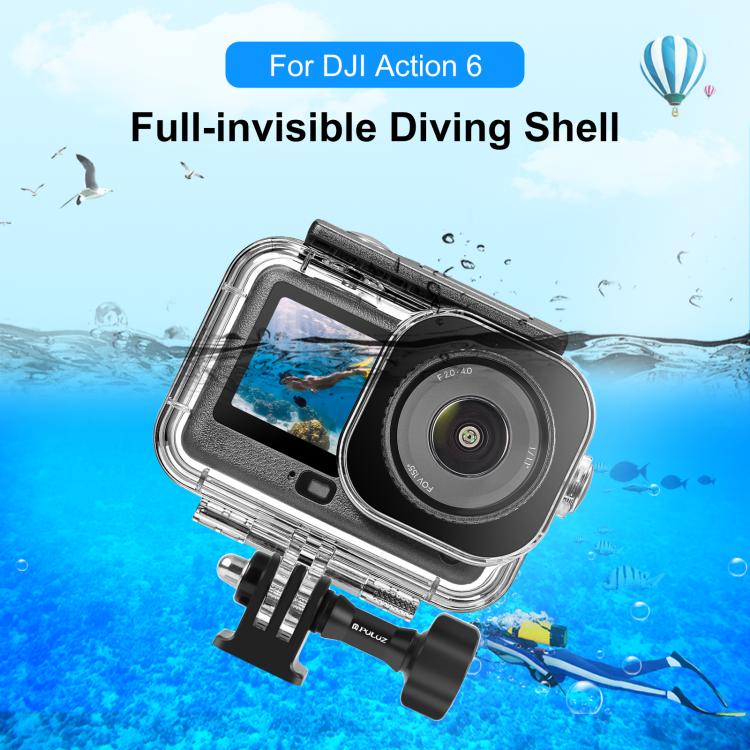 For DJI Osmo Action 6 PULUZ 60m / 196ft Underwater Waterproof Diving Shell with Invisible Adapter & Long Screw  - Transparent