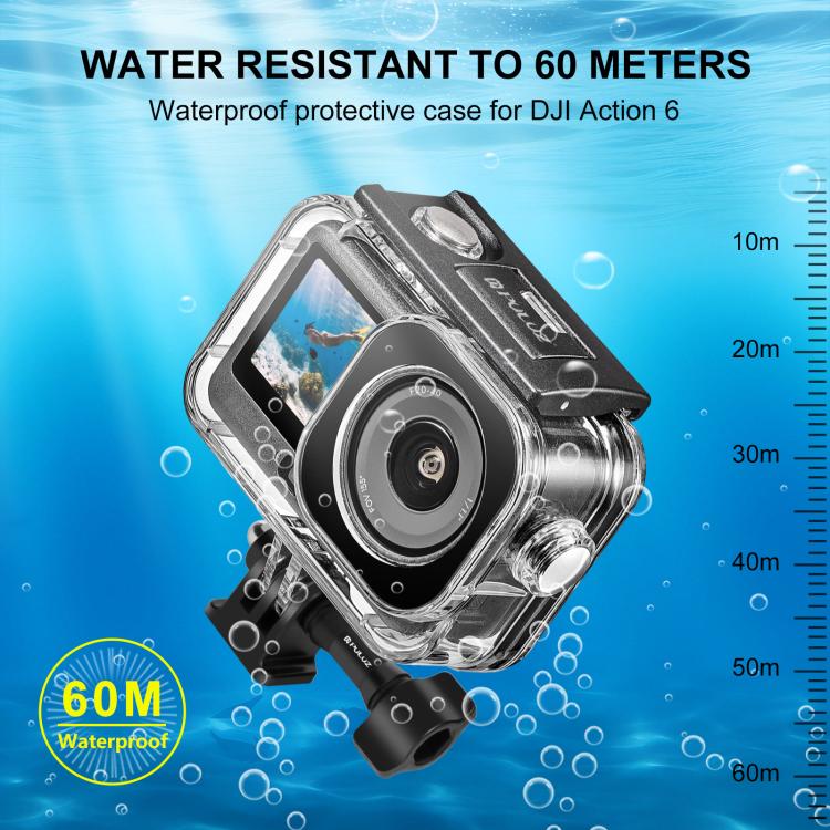 For DJI Osmo Action 6 PULUZ 60m / 196ft Underwater Waterproof Diving Shell with Invisible Adapter & Long Screw  - Transparent