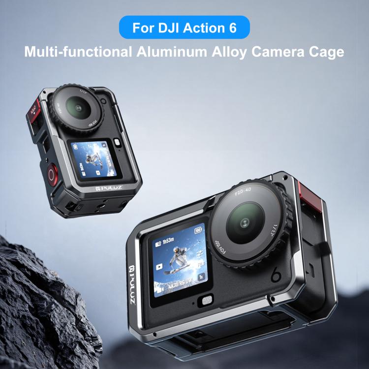 For DJI Osmo Action 6 PULUZ Metal Dual-Opening Camera Cage Expandable Frame with Silicone Lens Cap  - Titanium