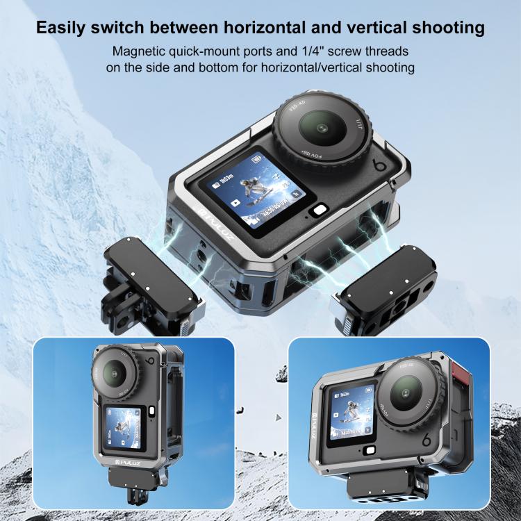 For DJI Osmo Action 6 PULUZ Metal Dual-Opening Camera Cage Expandable Frame with Silicone Lens Cap  - Titanium