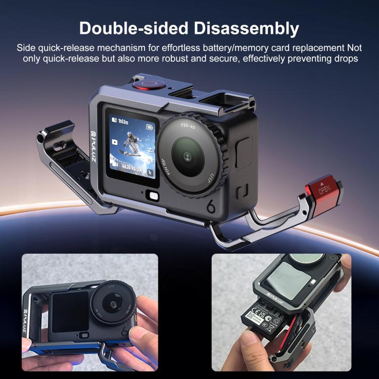 For DJI Osmo Action 6 PULUZ Metal Dual-Opening Camera Cage Expandable Frame with Silicone Lens Cap  - Titanium