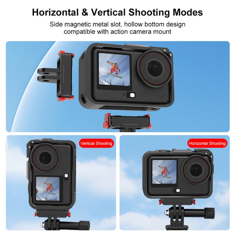 For DJI Osmo Action 6 PULUZ Plastic Cage Vertical-Horizontal Expansion Adapter Frame with Cold Shoe  - Black