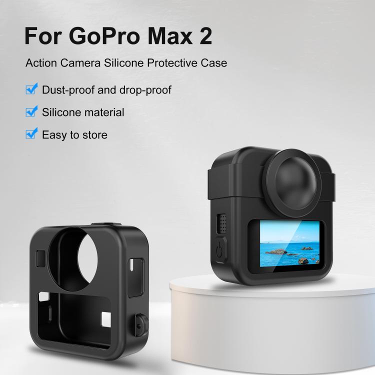 For GoPro MAX2 PULUZ Body Silicone Protective Case with Dual Lens Caps Cover & Strap  - Black